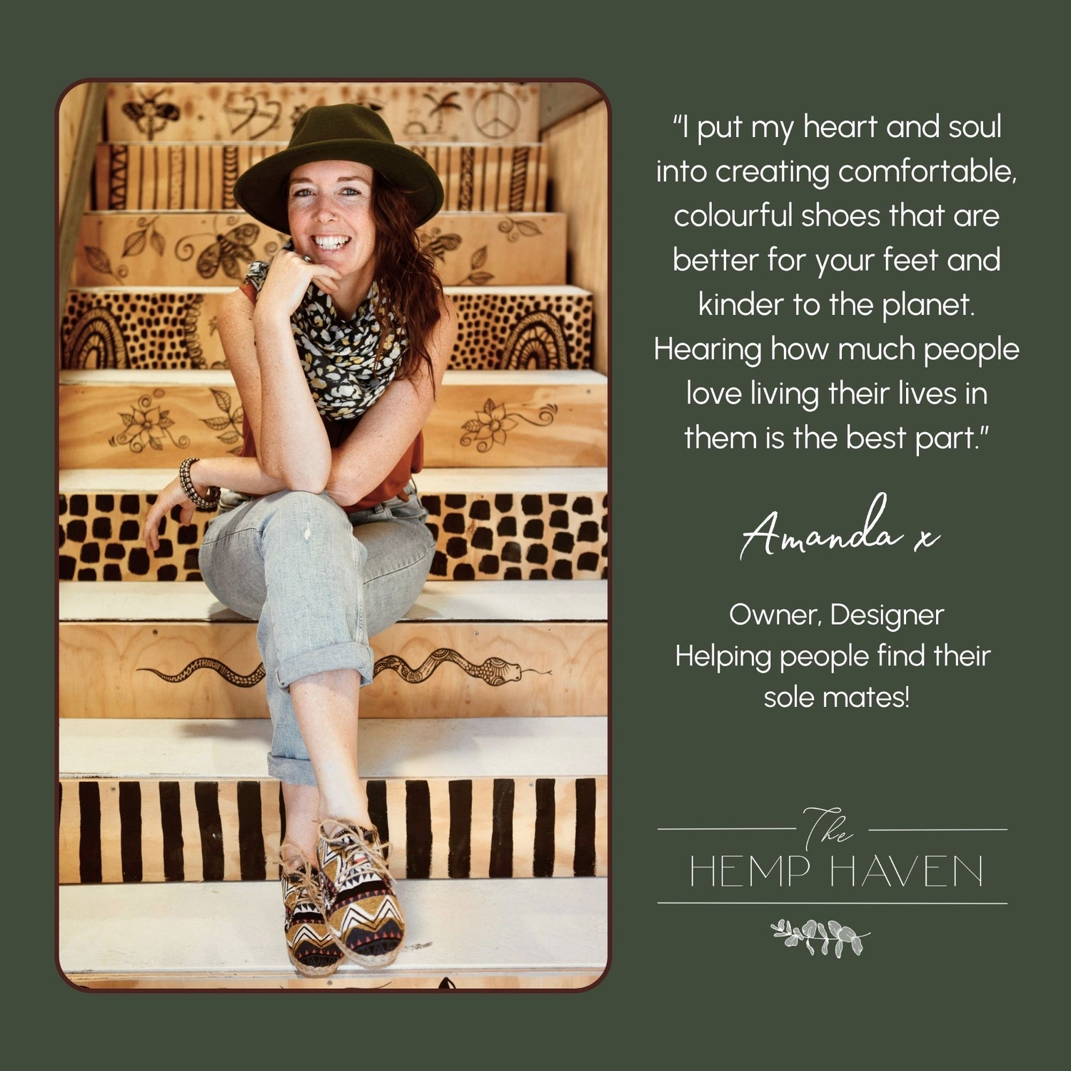 A promotional graphic for 'The Hemp Haven' featuring a woman sitting on decorative wooden stairs, wearing a green hat, patterned top, and patterned shoes. The right side contains a quote by Amanda x, owner and designer, on a dark olive green background with the brand logo at the bottom.