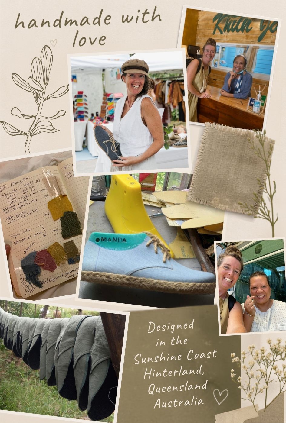 A rustic, handmade-themed collage featuring multiple photos of a woman in a workshop and outdoors, a light blue espadrille shoe with a bright yellow heel pull, fabric swatches, handwritten notes, and text reading 'handmade with love' and 'Designed in the Sunshine Coast Hinterland, Queensland Australia'.