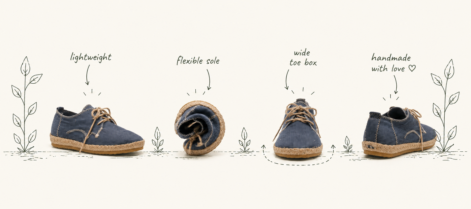 barefoot shoes showing the benefits of barefoot shoes bring lightweight flexible sole and wide toe box and zero drop. sustainable and recycled rubber soles with hemp fabric. good for your foot health.