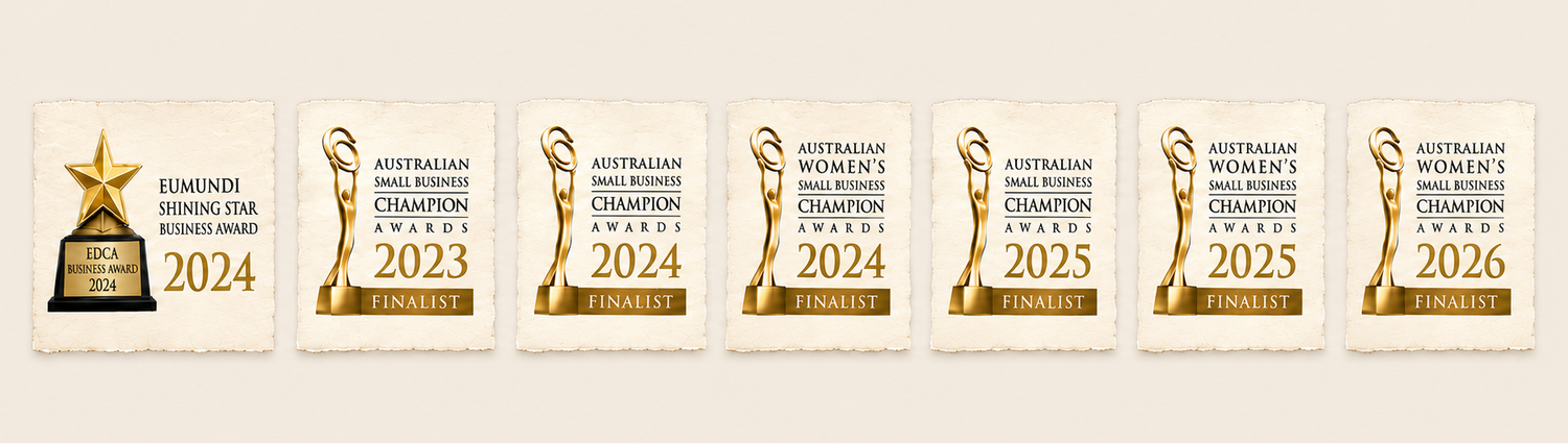 A row of seven commemorative Australian Women's Soccer Awards stamps or sticker-like cards, each showing a gold trophy icon, the text 'Australian Women's Soccer Awards', years 2024 through 2026, and 'Finalist' on a light cream background.