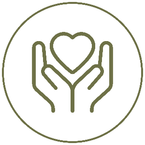 A minimalist line icon of two hands holding a heart, rendered in a muted olive-brown color on a solid dark green background.