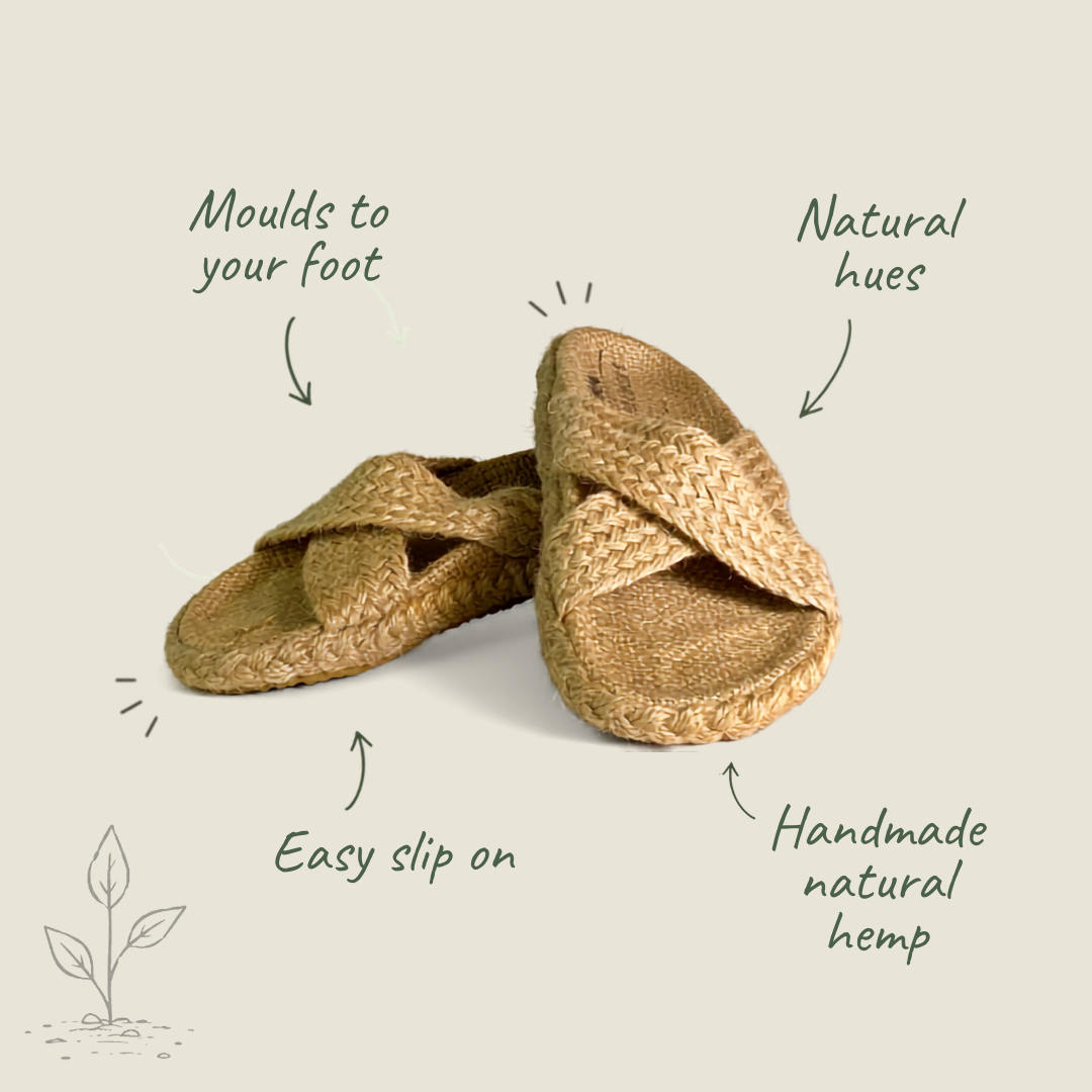 A pair of woven natural-fiber slide sandals on a light beige background with handwritten callout text pointing out features like 'Moulds to your foot,' 'Natural hues,' 'Easy slip on,' and 'Handmade natural hemp.'.