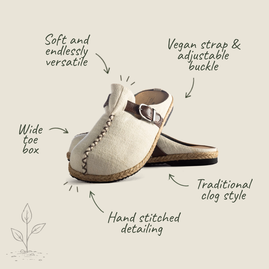 A pair of beige clog-style shoes with brown straps and braided jute soles, shown on a light beige background with handwritten callout labels pointing to features like soft versatility, adjustable buckle, wide toe box, traditional clog style, hand stitched detailing, and vegan strap.