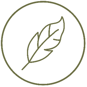 A minimalist olive green line art icon of a leaf inside a circle, set against a solid white background.