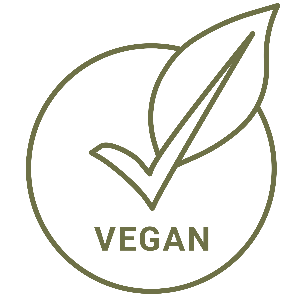 A green square graphic featuring a tan outline of a leaf inside a circle with the word 'VEGAN' below it.