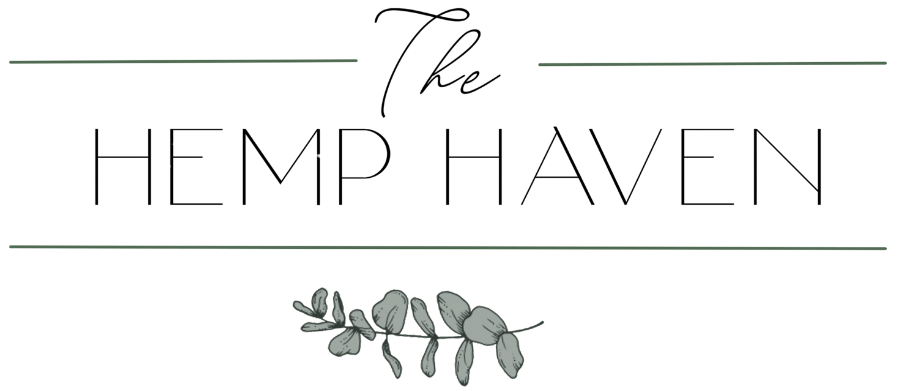 Logo for 'The Hemp Haven' with a decorative leaf design on a white background
